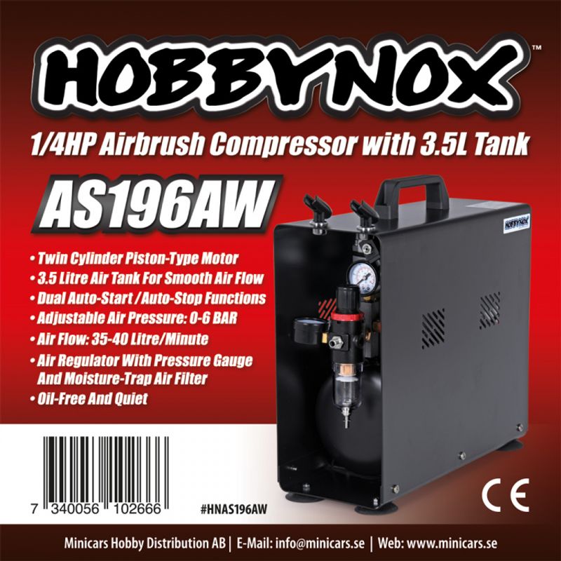 Hobbynox AS196AW Airbrush Compressor 1/4HP with 3.5L Tank (0-6BA