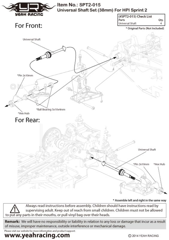 Yeah Racing SPT2-015 Universal Shaft Set 38mm HPI Sprint 2